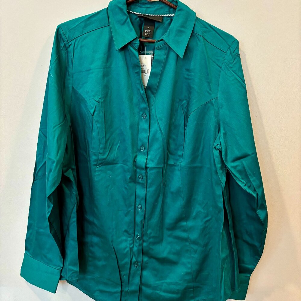 NWT Lane Bryant Hunter Green Stretch Cotton Button Down Long Sleeve Blouse Sz 20